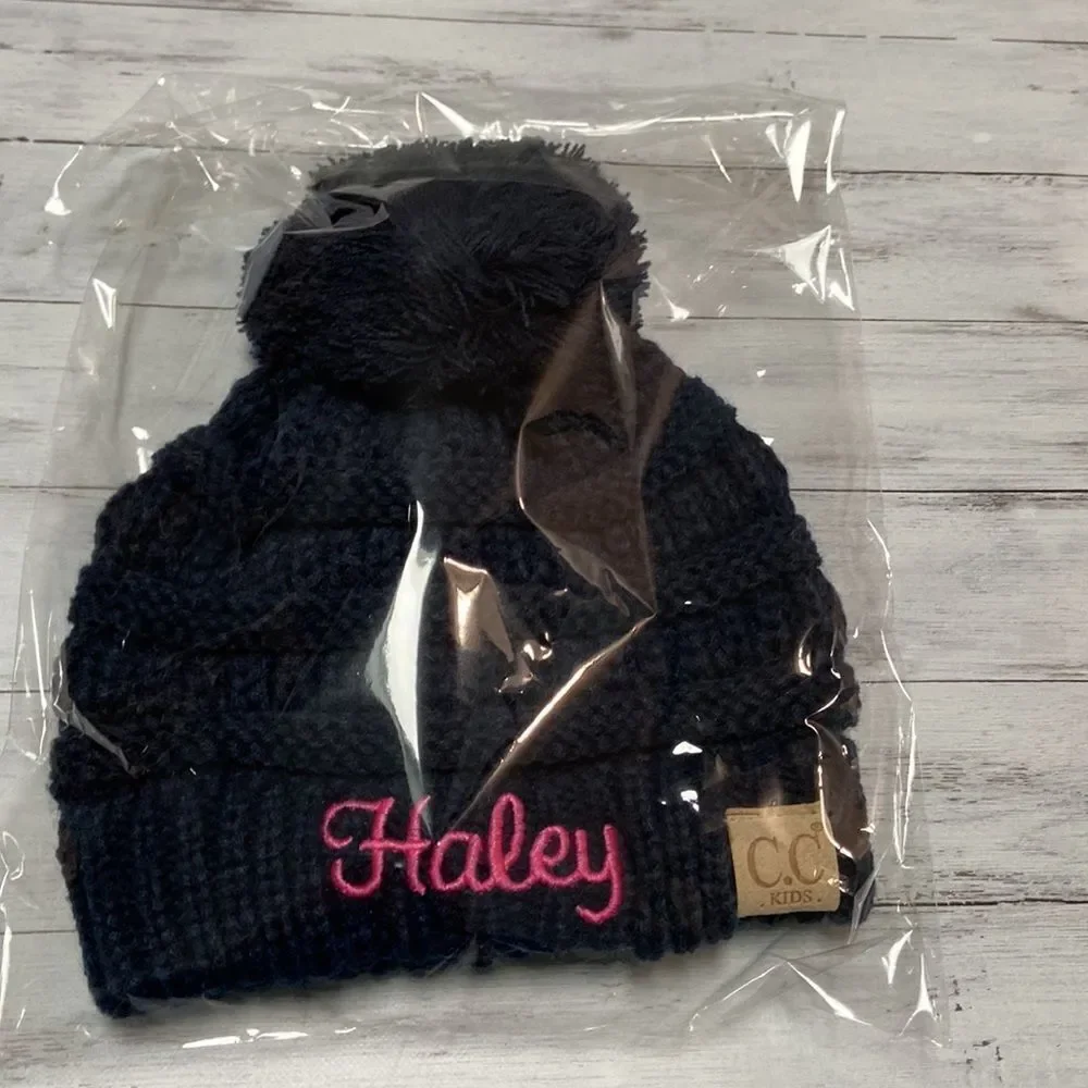 New Navy Monogrammed Haley Pom Pom Knit Hat from C.C Kids